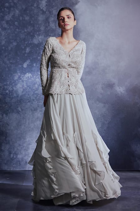 Shop_Varun Chakkilam_Grey Silk Organza, Chiffon Sequins, Beads V-neck Work Peplum Top And Skirt Set _at_Aza_Fashions