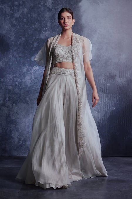 Varun Chakkilam Grey Silk Organza Sequins, Beads Sweetheart Embroidered Jacket Flared Skirt Set Online at Aza Fashions Varun Chakkilam_Grey Silk Organza Sequins, Beads Sweetheart Embroidered Jacket Flared Skirt Set _Online_at_Aza_Fashions