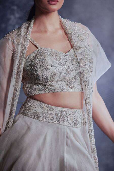 Shop Varun Chakkilam Grey Silk Organza Sequins, Beads Sweetheart Embroidered Jacket Flared Skirt Set Online at Aza Fashions Shop_Varun Chakkilam_Grey Silk Organza Sequins, Beads Sweetheart Embroidered Jacket Flared Skirt Set _Online_at_Aza_Fashions
