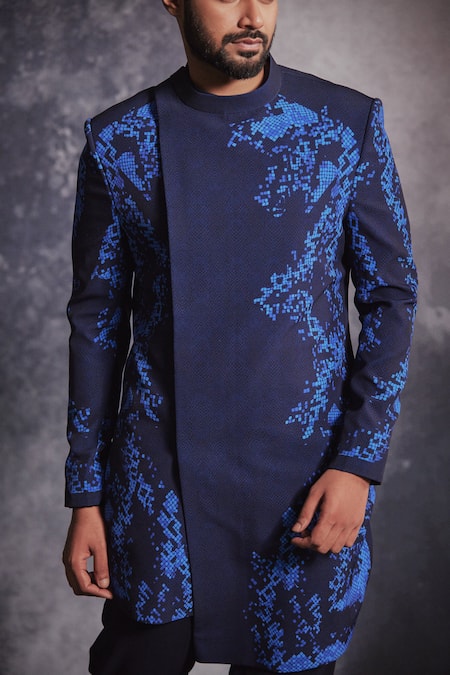 Shop_Varun Chakkilam_Blue Poly Blend Suiting Fabric Printed Abstract Pixel Sherwani Set  _Online_at_Aza_Fashions