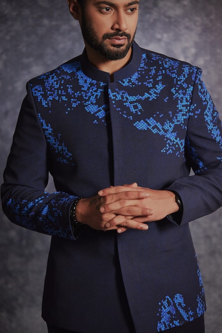 Buy_Varun Chakkilam_Blue Poly Blend Suiting Fabric Printed Abstract Pixel Bandhgala Set _Online_at_Aza_Fashions