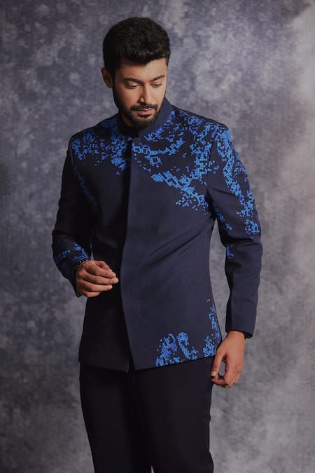 Shop_Varun Chakkilam_Blue Poly Blend Suiting Fabric Printed Abstract Pixel Bandhgala Set _at_Aza_Fashions