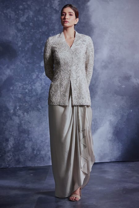 Varun Chakkilam Grey Silk Organza Embroidered Sequin V Neck Jacket And Draped Skirt Set  