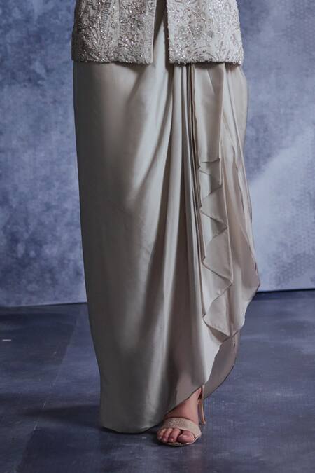 Varun Chakkilam Grey Silk Organza Embroidered Sequin V Neck Jacket And Draped Skirt Set Online at Aza Fashions Varun Chakkilam_Grey Silk Organza Embroidered Sequin V Neck Jacket And Draped Skirt Set _Online_at_Aza_Fashions