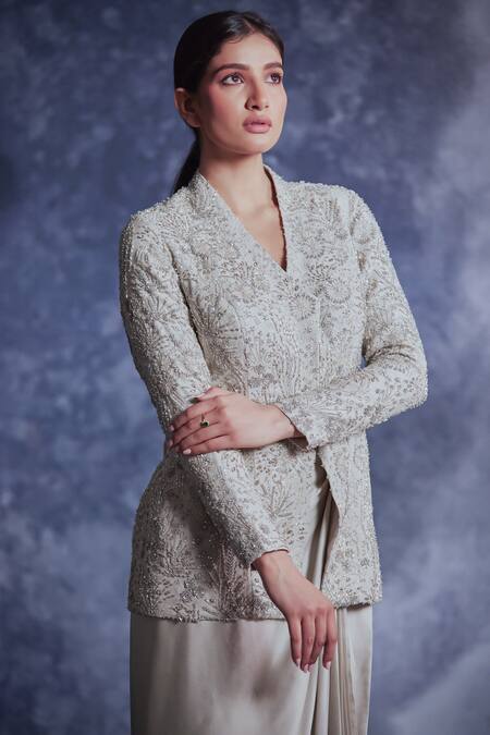 Buy Varun Chakkilam Grey Silk Organza Embroidered Sequin V Neck Jacket And Draped Skirt Set Online at Aza Fashions Buy_Varun Chakkilam_Grey Silk Organza Embroidered Sequin V Neck Jacket And Draped Skirt Set _Online_at_Aza_Fashions