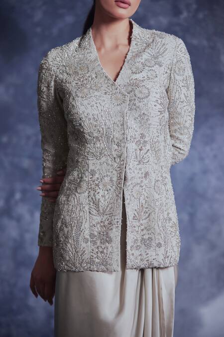 Shop Varun Chakkilam Grey Silk Organza Embroidered Sequin V Neck Jacket And Draped Skirt Set Online at Aza Fashions Shop_Varun Chakkilam_Grey Silk Organza Embroidered Sequin V Neck Jacket And Draped Skirt Set _Online_at_Aza_Fashions