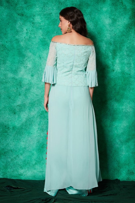 Shop Saaj By Ankita Blue Mukaish Georgette Hand Embroidered Wild Aztec Off Long Top With Palazzo at Aza Fashions Shop_Saaj By Ankita_Blue Mukaish Georgette Hand Embroidered Wild Aztec Off Long Top With Palazzo _at_Aza_Fashions