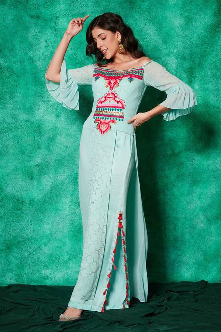 Saaj By Ankita Blue Mukaish Georgette Hand Embroidered Wild Aztec Off Long Top With Palazzo Online at Aza Fashions Saaj By Ankita_Blue Mukaish Georgette Hand Embroidered Wild Aztec Off Long Top With Palazzo _Online_at_Aza_Fashions