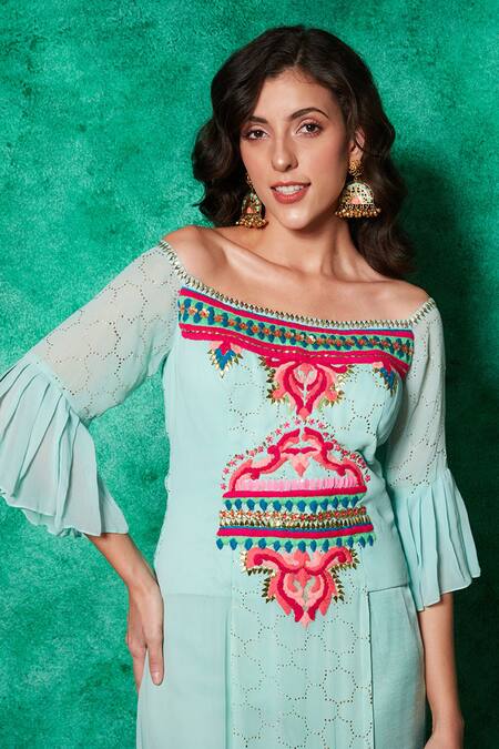 Buy Saaj By Ankita Blue Mukaish Georgette Hand Embroidered Wild Aztec Off Long Top With Palazzo Online at Aza Fashions Buy_Saaj By Ankita_Blue Mukaish Georgette Hand Embroidered Wild Aztec Off Long Top With Palazzo _Online_at_Aza_Fashions