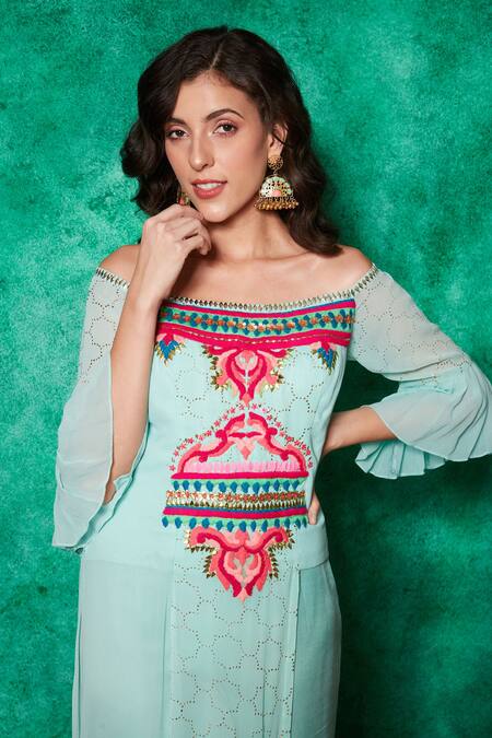 Shop Saaj By Ankita Blue Mukaish Georgette Hand Embroidered Wild Aztec Off Long Top With Palazzo Online at Aza Fashions Shop_Saaj By Ankita_Blue Mukaish Georgette Hand Embroidered Wild Aztec Off Long Top With Palazzo _Online_at_Aza_Fashions