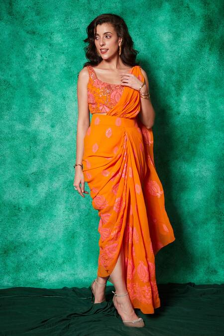 Shop Saaj By Ankita Orange Georgette Embroidery Damask Bloom Square Pre-draped Saree With Blouse Online at Aza Fashions Shop_Saaj By Ankita_Orange Georgette Embroidery Damask Bloom Square Pre-draped Saree With Blouse _Online_at_Aza_Fashions