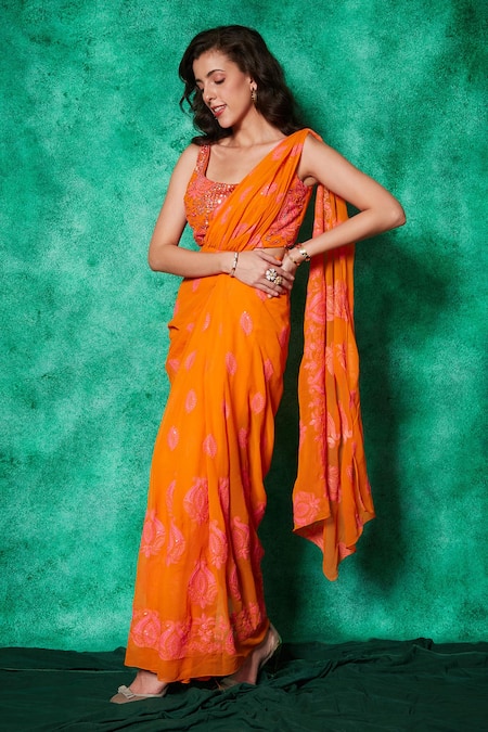 Saaj By Ankita Orange Georgette Embroidery Damask Bloom Square Pre-draped Saree With Blouse at Aza Fashions Saaj By Ankita_Orange Georgette Embroidery Damask Bloom Square Pre-draped Saree With Blouse _at_Aza_Fashions