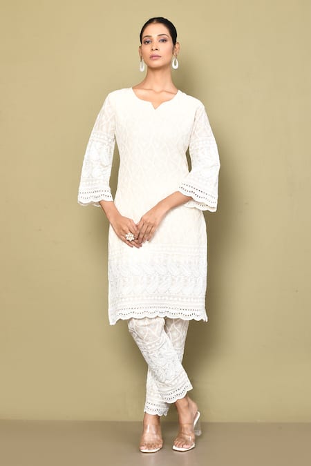 Adara Khan White Cotton Embroidery Chikankari Notched Neck Work Kurta With Palazzo
