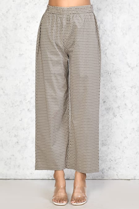 Samyukta Singhania_Beige Cotton Embroidery Round Neck Floral Butti Print A-line Kurta With Palazzo_Online_at_Aza_Fashions