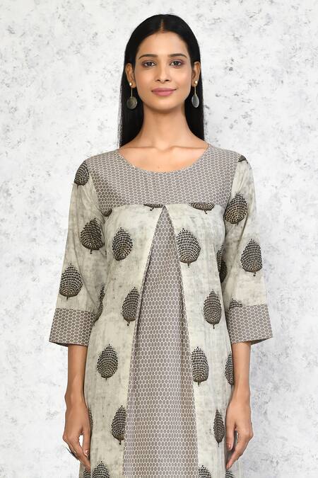 Buy Samyukta Singhania Beige Cotton Embroidery Round Neck Floral Butti Print A-line Kurta With Palazzo Online at Aza Fashions Buy_Samyukta Singhania_Beige Cotton Embroidery Round Neck Floral Butti Print A-line Kurta With Palazzo_Online_at_Aza_Fashions