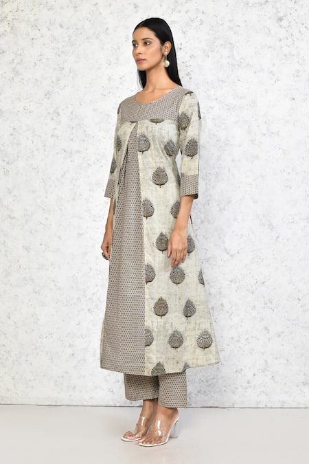 Buy_Samyukta Singhania_Beige Cotton Embroidery Round Neck Floral Butti Print A-line Kurta With Palazzo