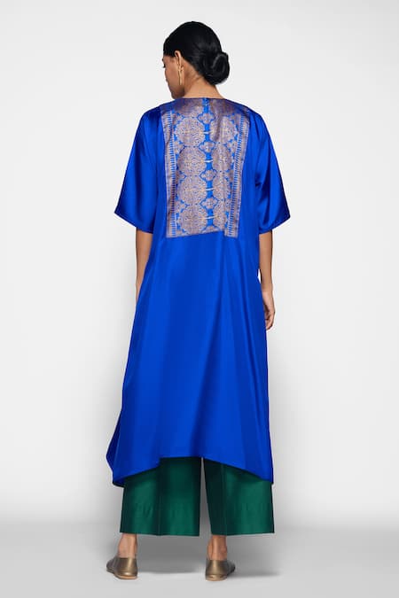 Shop Payal Khandwala Blue Handwoven Silk Round Kurta at Aza Fashions Shop_Payal Khandwala_Blue Handwoven Silk Round Kurta_at_Aza_Fashions