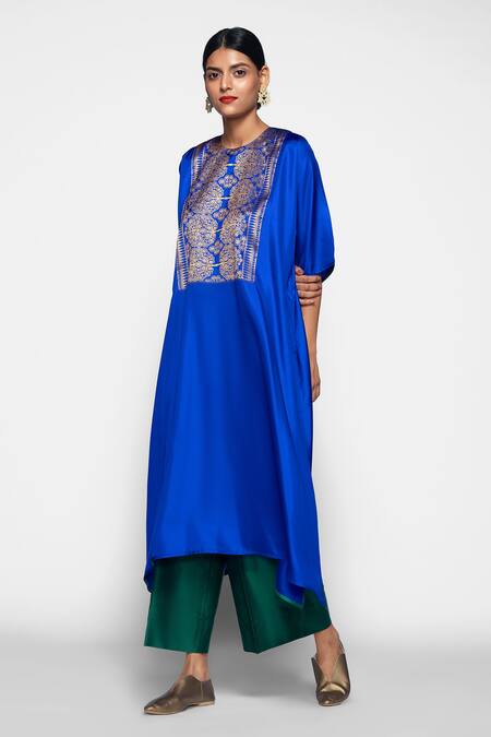 Payal Khandwala Blue Handwoven Silk Round Kurta Online at Aza Fashions Payal Khandwala_Blue Handwoven Silk Round Kurta_Online_at_Aza_Fashions