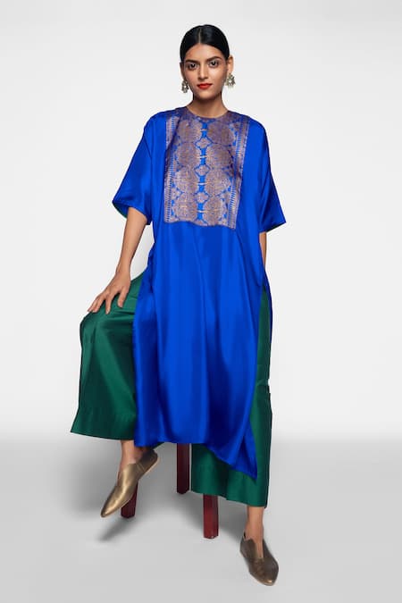 Buy Payal Khandwala Blue Handwoven Silk Round Kurta Online at Aza Fashions Buy_Payal Khandwala_Blue Handwoven Silk Round Kurta_Online_at_Aza_Fashions