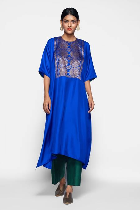 Shop Payal Khandwala Blue Handwoven Silk Round Kurta Online at Aza Fashions Shop_Payal Khandwala_Blue Handwoven Silk Round Kurta_Online_at_Aza_Fashions