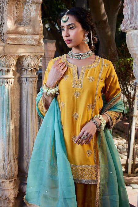 Buy_Kritika Dawar_Yellow Chanderi, Tissue Pearls, Zari, Embroidery Split V-neck Kurta Sharara Set _Online_at_Aza_Fashions