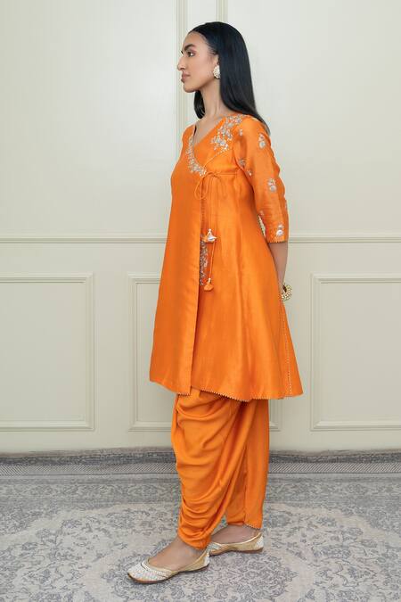 Sheetal Batra_Orange Organza, Bamberg, Chanderi V Neck Angrakha Set_Online_at_Aza_Fashions
