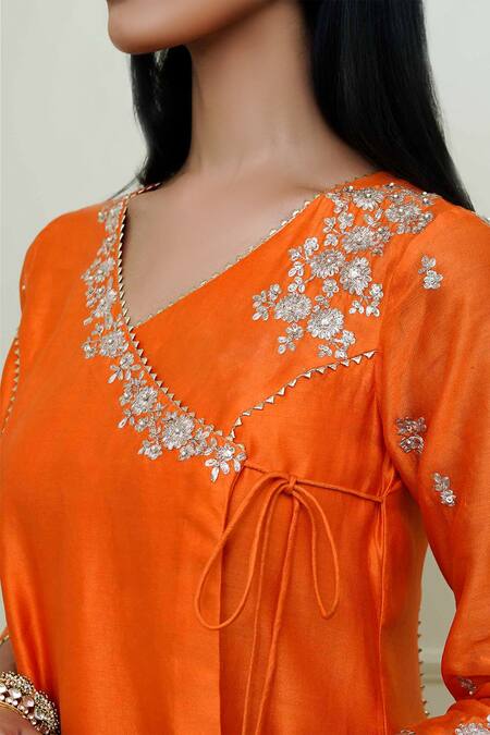 Buy_Sheetal Batra_Orange Organza, Bamberg, Chanderi V Neck Angrakha Set_Online_at_Aza_Fashions