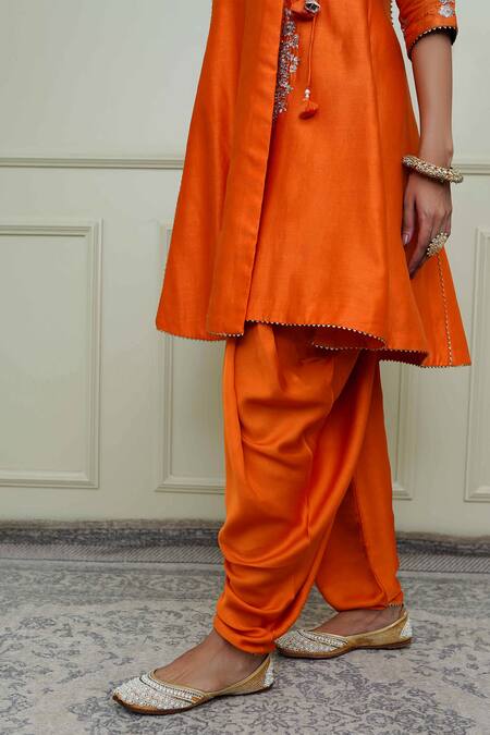 Shop_Sheetal Batra_Orange Organza, Bamberg, Chanderi V Neck Angrakha Set_Online_at_Aza_Fashions