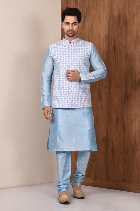 Buy Blue Cotton Linen Checkered Bundi And Kurta Set For Men By Aryavir Malhotra Online At Aza