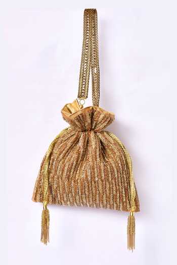 Nayaab By Aleezeh Gold Embroidered Raw Silk Potli Bag 5
