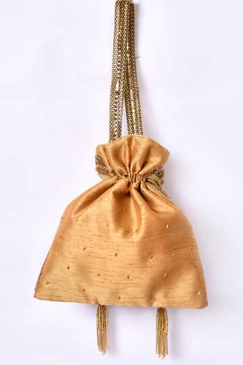 Nayaab By Aleezeh Gold Embroidered Raw Silk Potli Bag 3