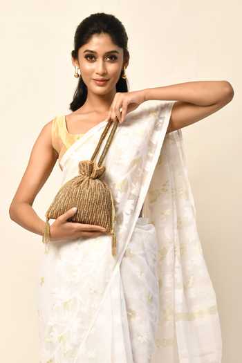 Nayaab By Aleezeh Gold Embroidered Raw Silk Potli Bag 4