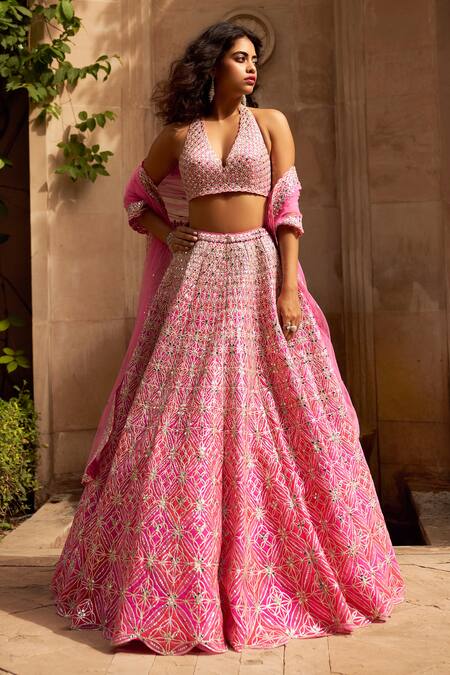 Seema Gujral_Pink Net V Neck Applique Lehenga Set _Online_at_Aza_Fashions