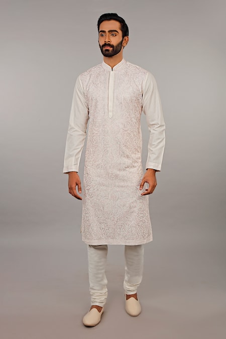 Vanshik White Kurta Churidar Cotton Embroidered Set
