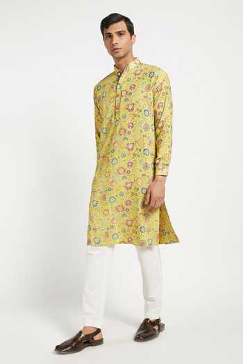 Rabani & Rakha_Yellow Kurta Crepe Pant Cotton Silk Floral Print Set _Online_at_Aza_Fashions
