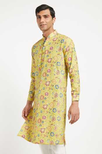 Buy_Rabani & Rakha_Yellow Kurta Crepe Pant Cotton Silk Floral Print Set _Online_at_Aza_Fashions