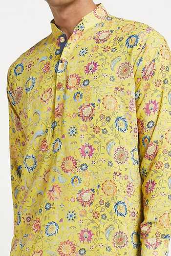 Shop_Rabani & Rakha_Yellow Kurta Crepe Pant Cotton Silk Floral Print Set _Online_at_Aza_Fashions