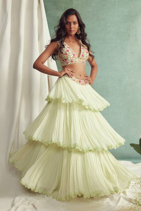 Priyanka Jain_Green Dupatta Organza, Lehenga Georgette Chanderi V Neck Layered Set _Online_at_Aza_Fashions