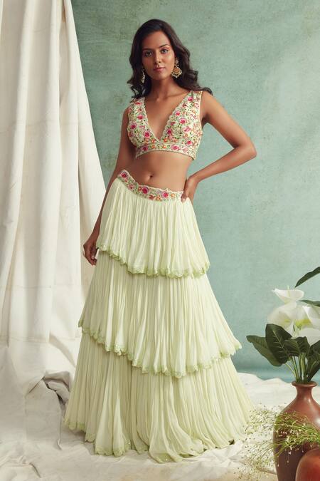 Buy_Priyanka Jain_Green Dupatta Organza, Lehenga Georgette Chanderi V Neck Layered Set _Online_at_Aza_Fashions