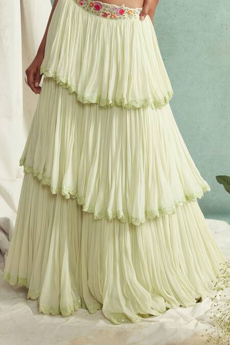 Shop_Priyanka Jain_Green Dupatta Organza, Lehenga Georgette Chanderi V Neck Layered Set _Online_at_Aza_Fashions