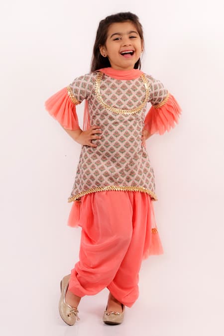 Lil Angels Peach Crepe, Muslin, Chiffon Embroidery Printed Kurta Set 