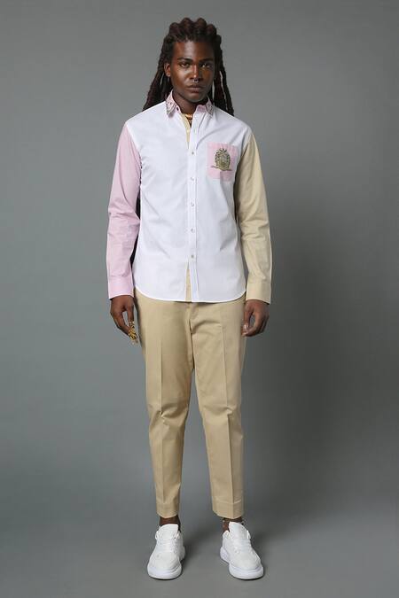 Buy_House Of Three_Multi Color Cotton Poplin Heraldic Ilam Colorblock Shirt _Online_at_Aza_Fashions