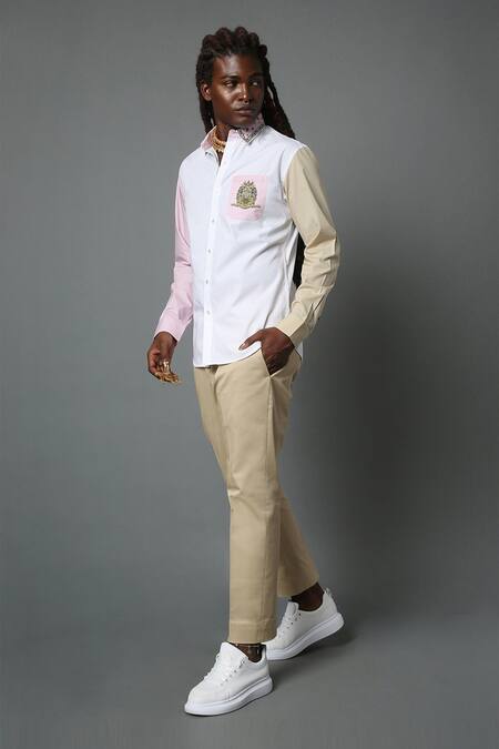 Shop_House Of Three_Multi Color Cotton Poplin Heraldic Ilam Colorblock Shirt _Online_at_Aza_Fashions