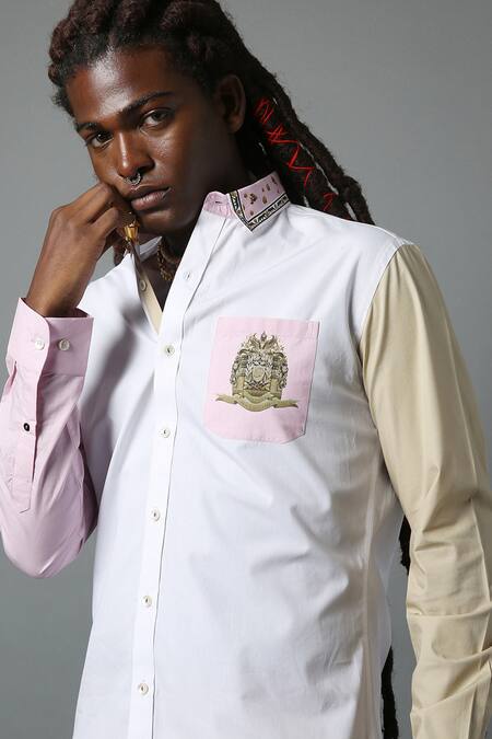 House Of Three_Multi Color Cotton Poplin Heraldic Ilam Colorblock Shirt _at_Aza_Fashions