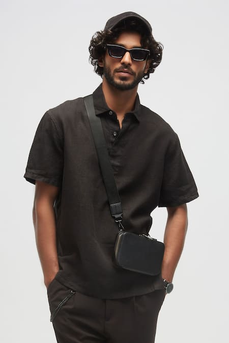 Terra Luna_Black 100% Organic Handloom Cotton Terra Luna Rugby T-shirt _Online_at_Aza_Fashions