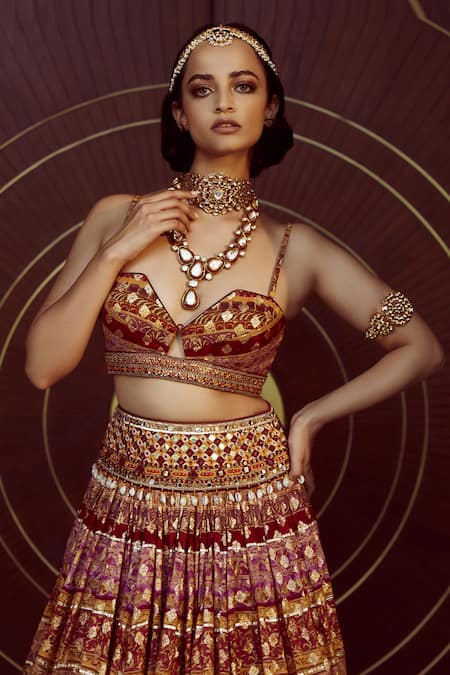 Buy Tarun Tahiliani Maroon Blouse -chanderi , Printed Lehenga Set Online at Aza Fashions Buy_Tarun Tahiliani_Maroon Blouse -chanderi , Printed Lehenga Set_Online_at_Aza_Fashions