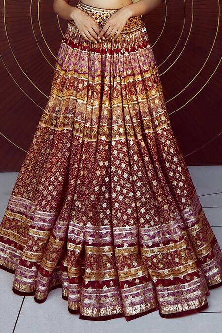 Shop Tarun Tahiliani Maroon Blouse -chanderi , Printed Lehenga Set Online at Aza Fashions Shop_Tarun Tahiliani_Maroon Blouse -chanderi , Printed Lehenga Set_Online_at_Aza_Fashions