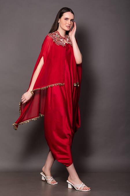 Vara By Vibha N Priti_Red Linen, Satin, Organza Embroidery, Sequins, Cowl Draped Jumpsuit With Cape _Online_at_Aza_Fashions