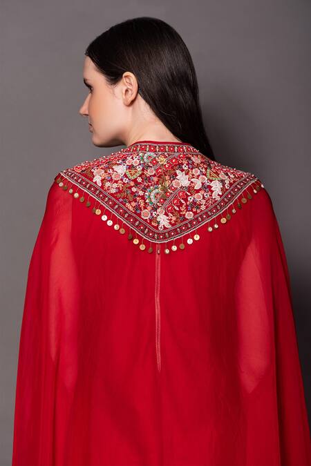 Buy_Vara By Vibha N Priti_Red Linen, Satin, Organza Embroidery, Sequins, Cowl Draped Jumpsuit With Cape _Online_at_Aza_Fashions