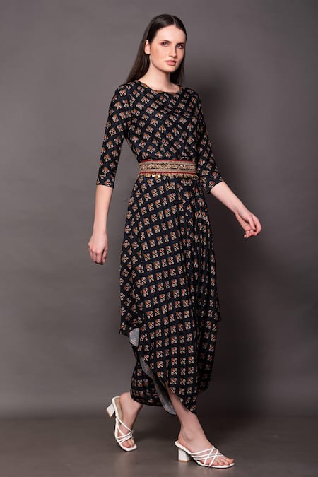 Vara By Vibha N Priti_Blue Silk Sequins, Zari, Cut Work Round Neck Floral Geometric Print Jumpsuit _Online_at_Aza_Fashions